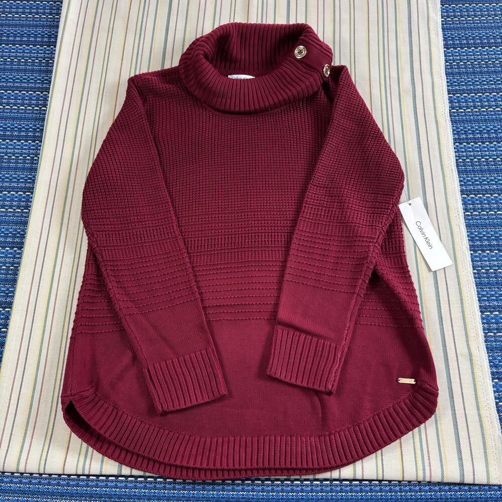 Calvin Klein Sweater Tunic Womens Medium Red Waffle Knit Button Turtleneck NWT